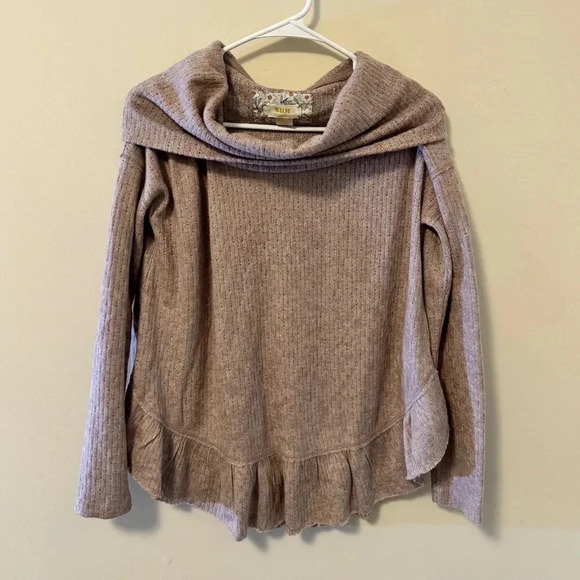 Anthropologie Maeve Addie Ruffled Hacci Pullover Sweater Brown Cream X-Small - Picture 4 of 8